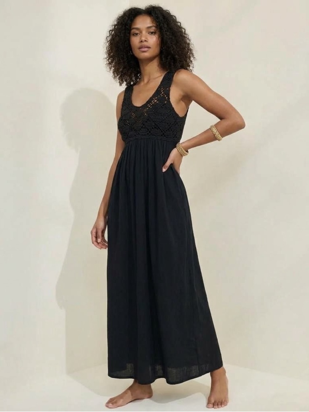 NWT Aerie Womens M Black Crochet Lace Bodice Tank Maxi Dress Boho Festival Beach